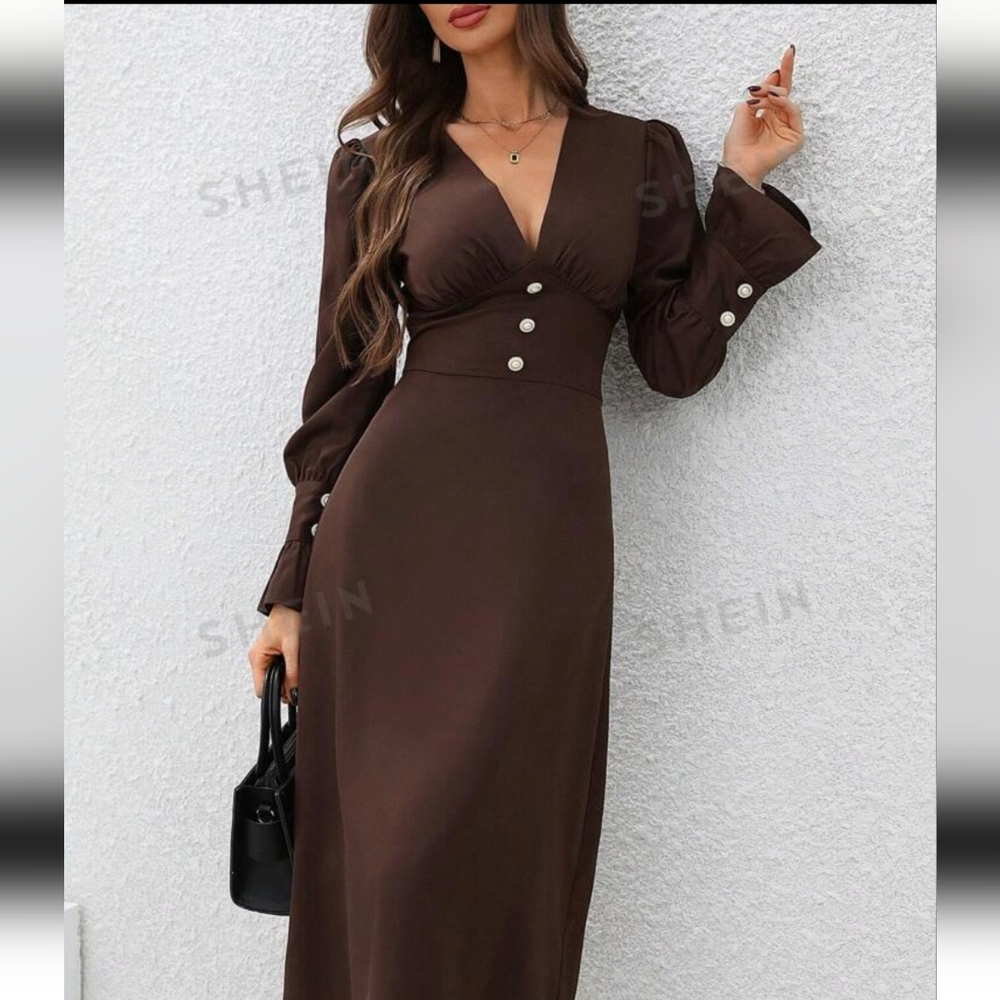 SHEIN Women's V-Neck Long Sleeve Dress Brown Large